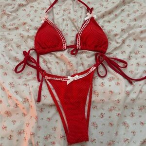SHEIN Red Triangle Bikini Set with White Lace Trim